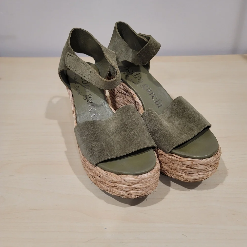 Pedro Garcia Dory Platform Espadrilles Thyme Castoro Suede Braided Jute 39.5 EU